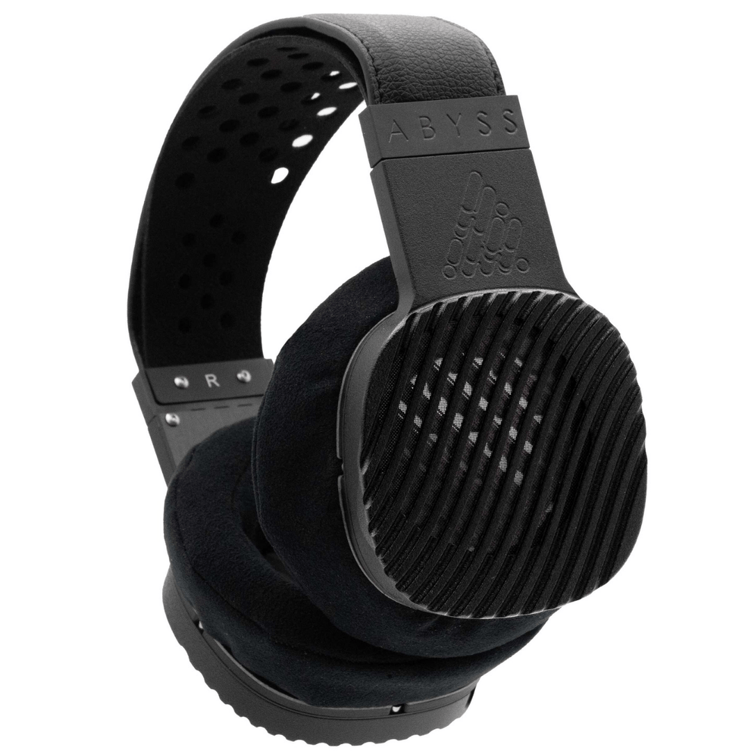 Black headphones with 'ABYSS' branding on a white background