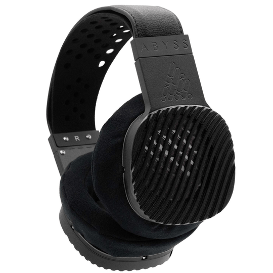Black headphones with 'ABYSS' branding on a white background